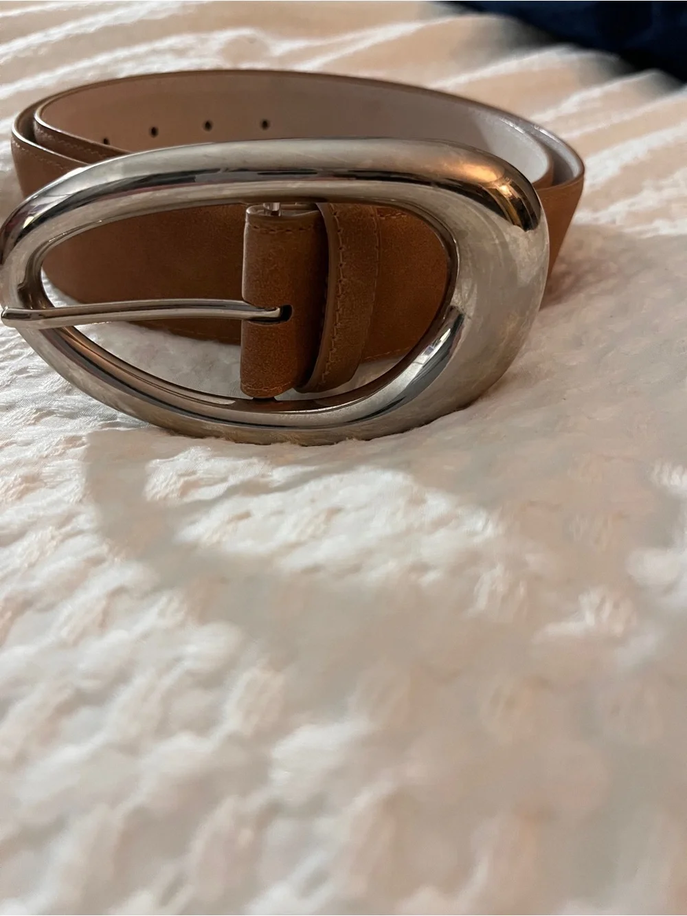 Vince Camuto Tan Suede Belt with Silver Oval Buckle